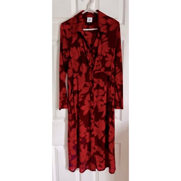 Cabi Long Sleeve Shirt Dress Floral mesh XS 4392 button down red burgundy - Picture 4 of 11
